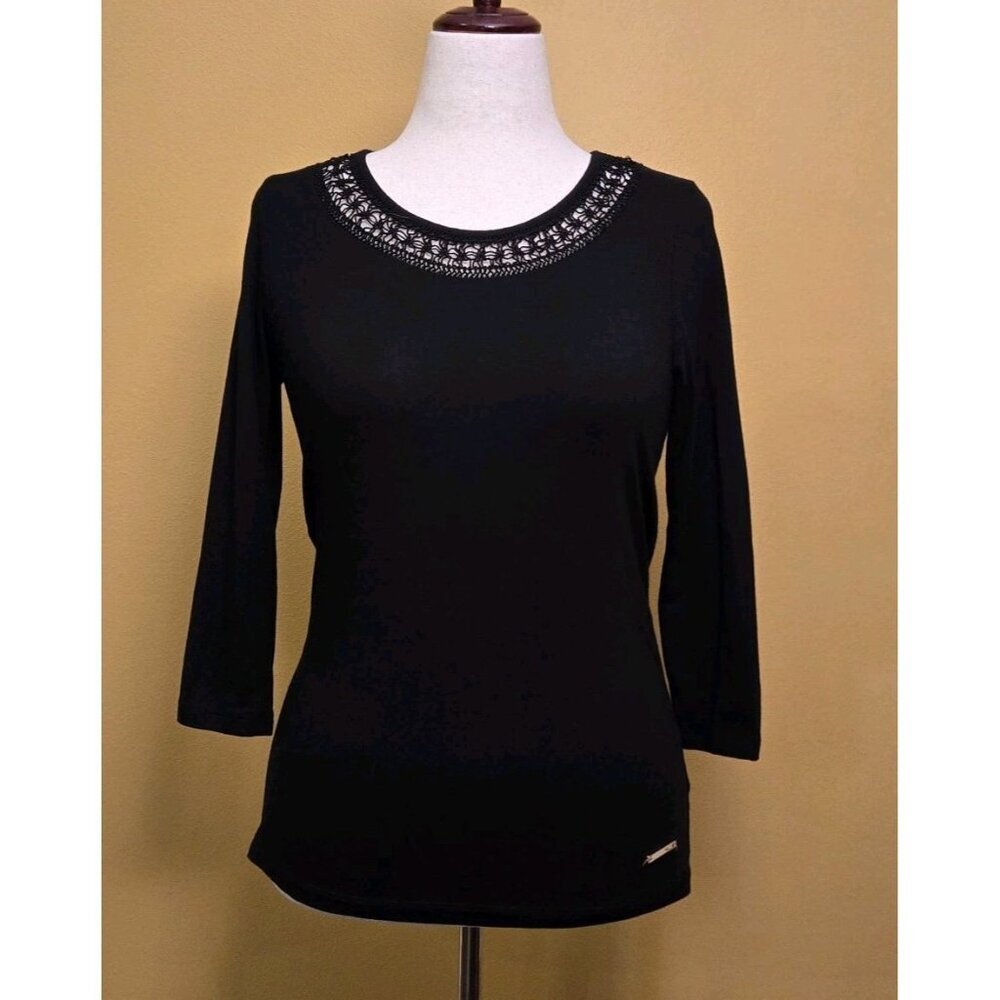 Jones New York Womens Large Crochet Top‎ Blouse Black Bohemian Small 3/4 Sleeve